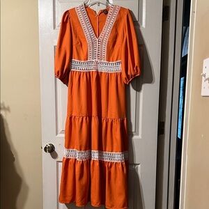 SHEIN Vibrant Orange Long Sleeve Dress with Lace Accents